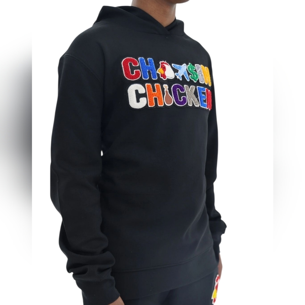 Chasin Chicken Graphic Hoodie Black Streetwear Embroidered Logo Size M